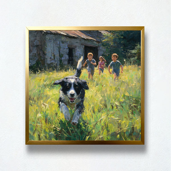 Summer Chase Paint by Numbers – Kids & Dog Running in Sunlit Meadow | PaintEasy