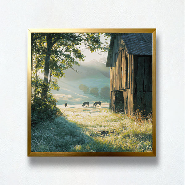 Dawn Pastures Paint by Numbers – Morning Sunlight, Horses & Rustic Barn | PaintEasy