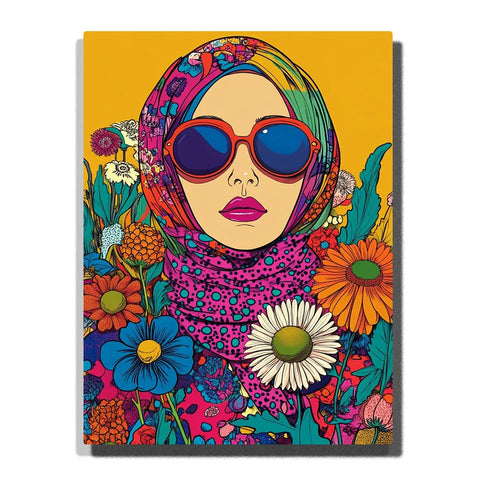 Woman Figure Painting Paint by Numbers For Adults featuring colorful female portrait with oversized blue sunglasses, floral headscarf, bright flowers and yellow background