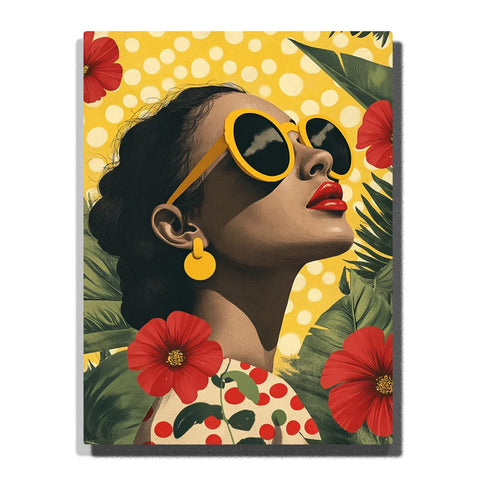 Paint by numbers retro portrait of a stylish woman wearing yellow round sunglasses and red lipstick, surrounded by red tropical flowers and green leaves on a yellow polka dot background.