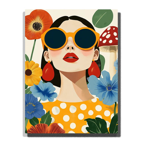 Figure Painting Paint by Numbers For Adults featuring woman in oversized orange sunglasses with red lips, blue orange flowers, polka dot clothing and spotted mushroom
