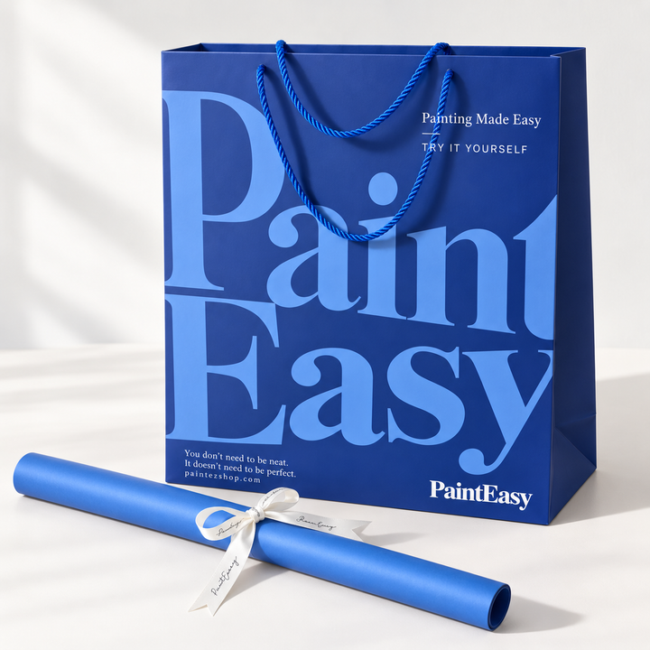 PaintEasy blue gift bag with wrapping paper and ribbon