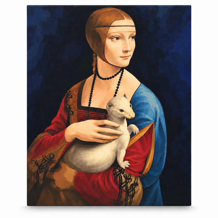 Lady with an Ermine paint-by-numbers tribute after Leonardo da Vinci, upright front-facing canvas on a white background