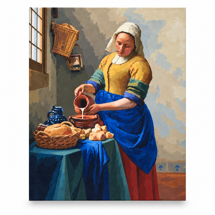 The Milkmaid paint-by-numbers tribute after Jan Vermeer, upright front-facing canvas on a white background