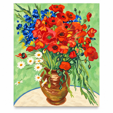 Daisies & Poppies paint-by-numbers tribute after Van Gogh, upright front-facing canvas on a white background