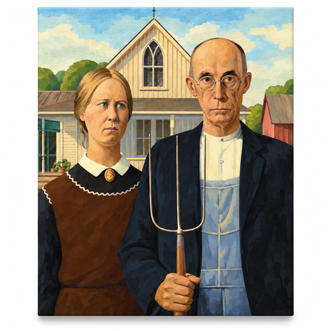 American Gothic paint-by-numbers tribute after Grant Wood, upright front-facing canvas on a white background