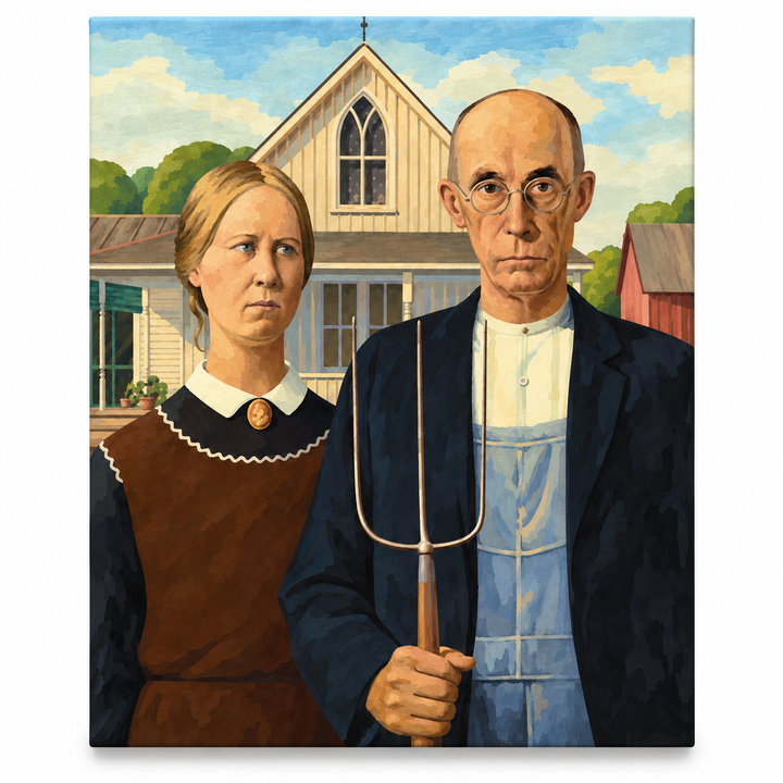 American Gothic paint-by-numbers tribute after Grant Wood, upright front-facing canvas on a white background