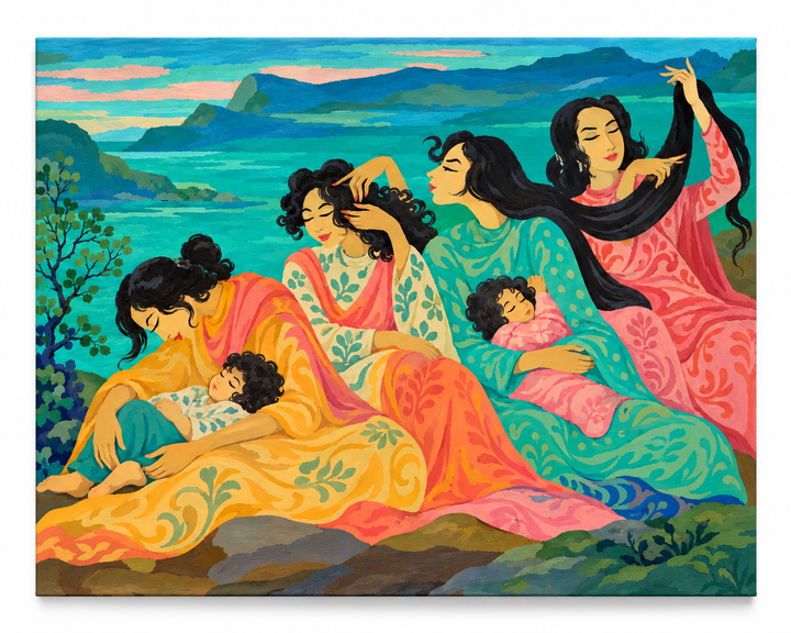 Grooming while nursing paint-by-numbers tribute after Hendra Gunawan, upright front-facing canvas on a white background