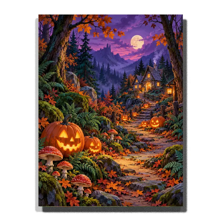 Pumpkin Path through a Twilight Forest white 3D canvas mockup, 40×50 cm adult painting kit