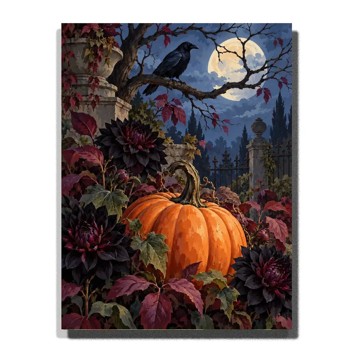 Pumpkin among Plum Dahlias and a Crow white 3D canvas mockup, 40×50 cm adult painting kit