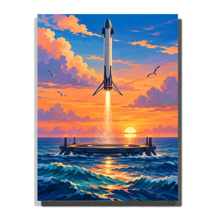 Reusable Rocket Returning over the Ocean white 3D canvas mockup, 40×50 cm adult painting kit