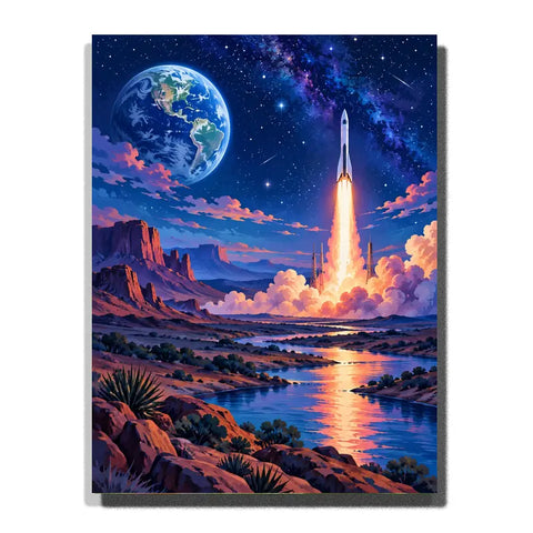 Rocket Rising above a Moonlit Desert white 3D canvas mockup, 40×50 cm adult painting kit