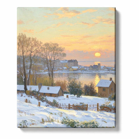 Snowy Riverside Village at Sunset Paint by Numbers Kit For Adults