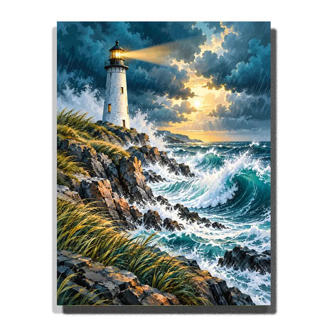 Lighthouse Standing through an Atlantic Storm white 3D canvas mockup, 40×50 cm adult painting kit