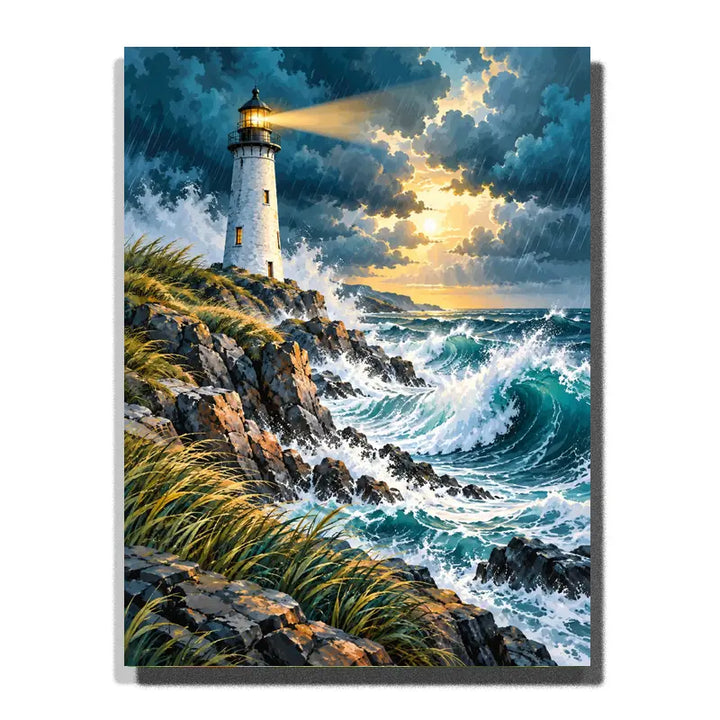 Lighthouse Standing through an Atlantic Storm white 3D canvas mockup, 40×50 cm adult painting kit