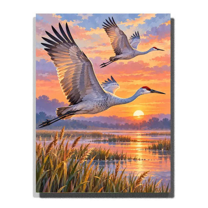 Two Sandhill Cranes over a Sunrise Marsh white 3D canvas mockup, 40×50 cm adult painting kit