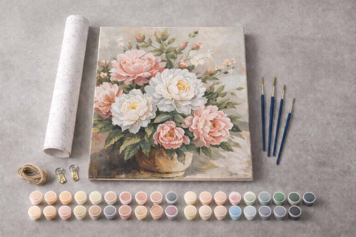 Floral paint by numbers kit with numbered paints, brushes, canvas, and reference image