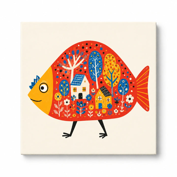 Whimsical Folk Art Fish - 40 x 40 cm square canvas white