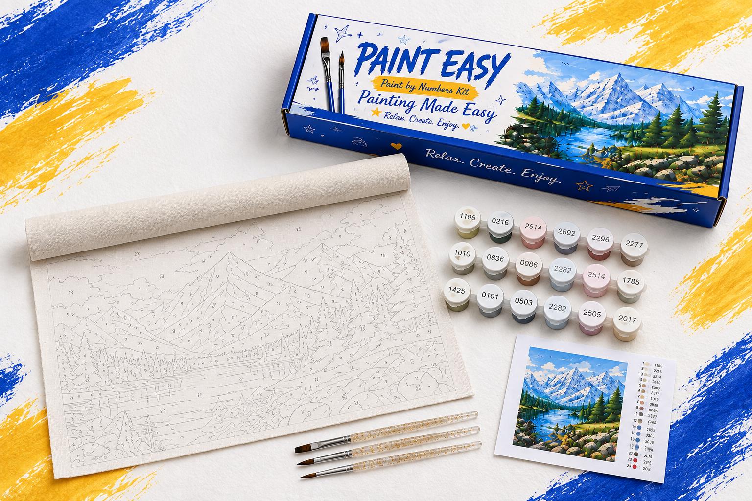 PaintEasy blue and yellow box with an unframed numbered canvas, 24 acrylic paint pots, brushes and reference guide