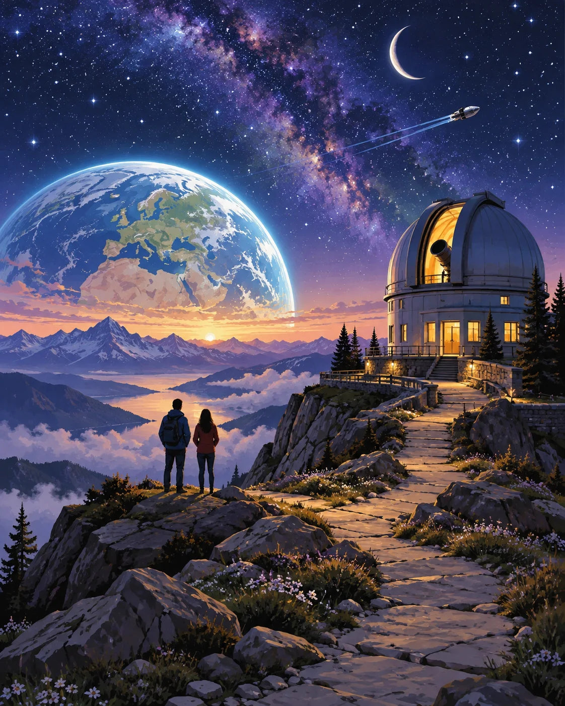 A dreamlike European landscape reaching toward the stars