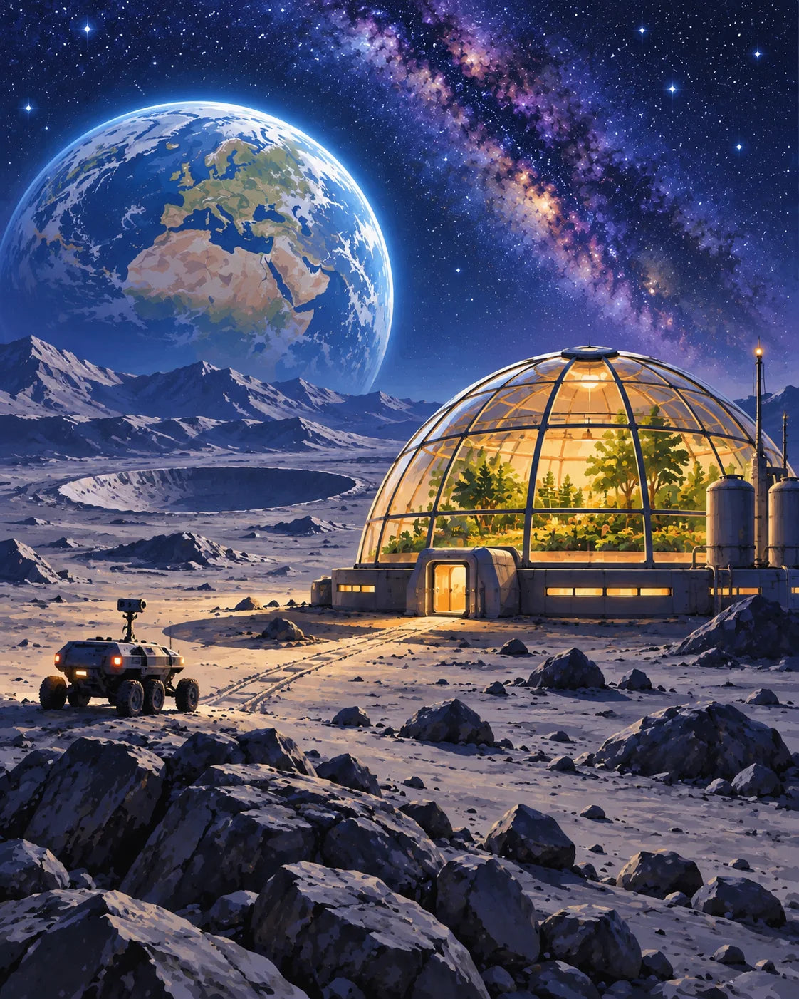 Luminous greenhouse under a night sky