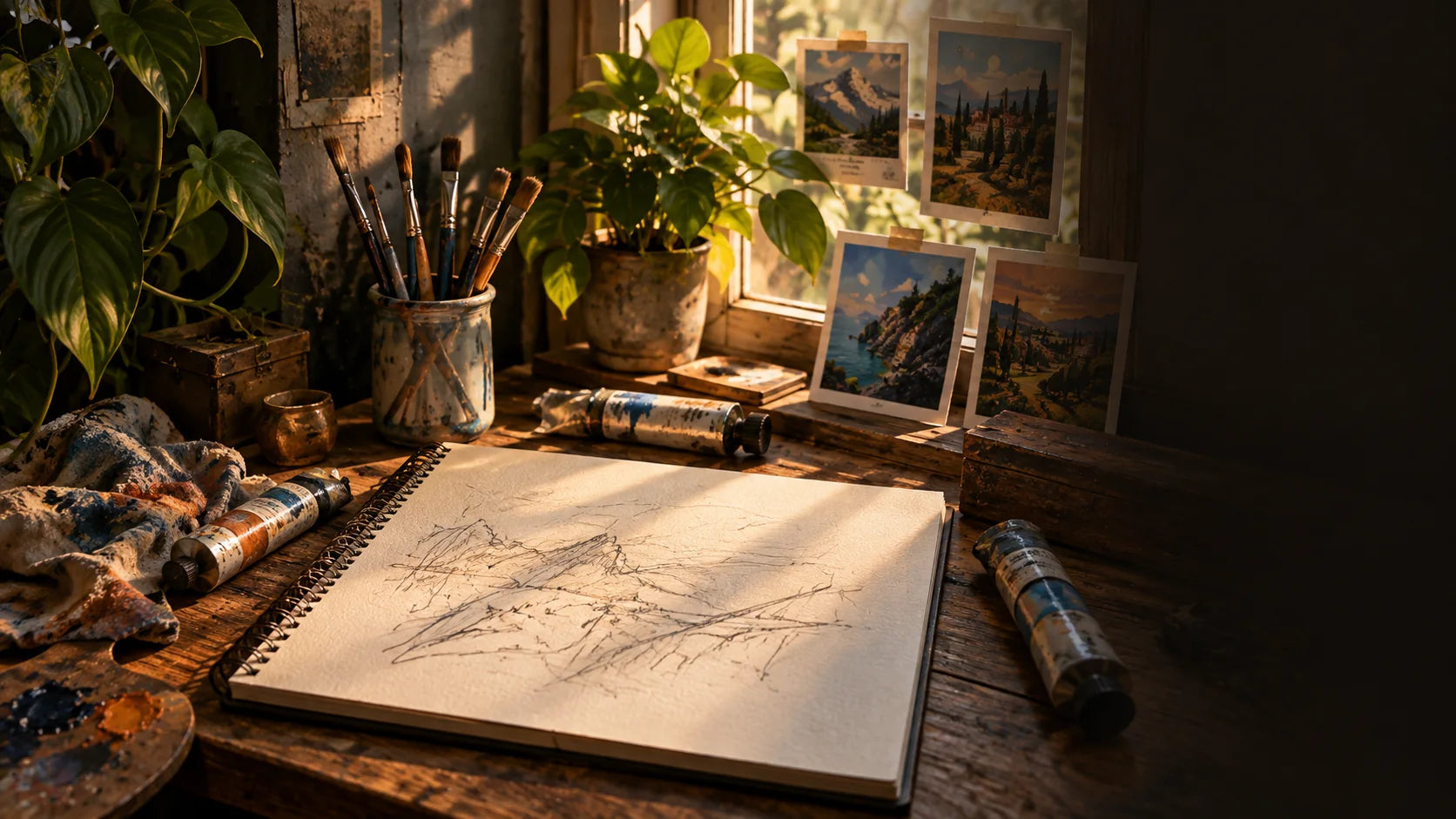 A warm artist studio with sketchbook, brushes and painting references
